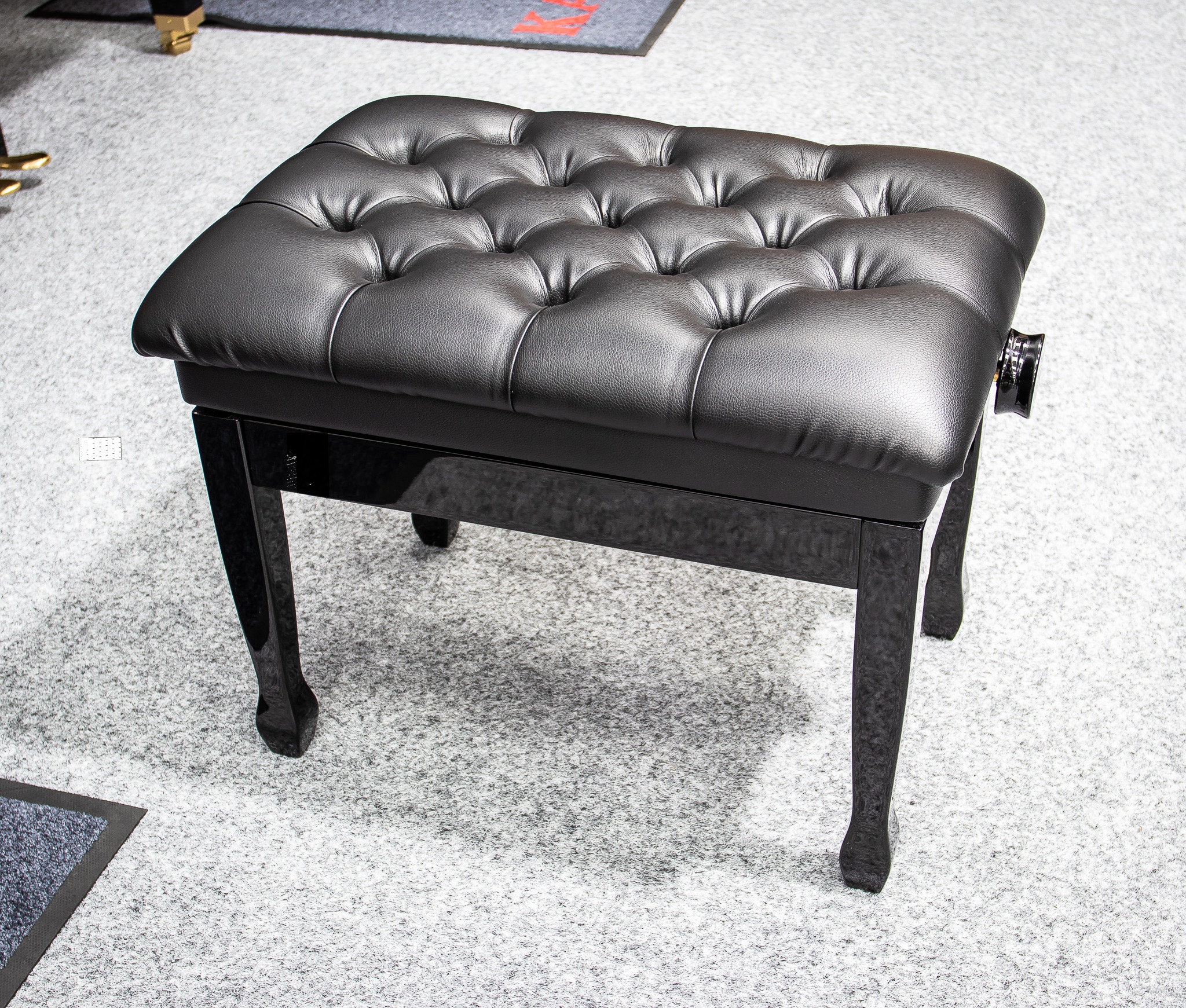 HIGH GLOSS BLACK WITH BUTTON TOP ADJUSTABLE LEATHER CONCERT PIANO STOOL 